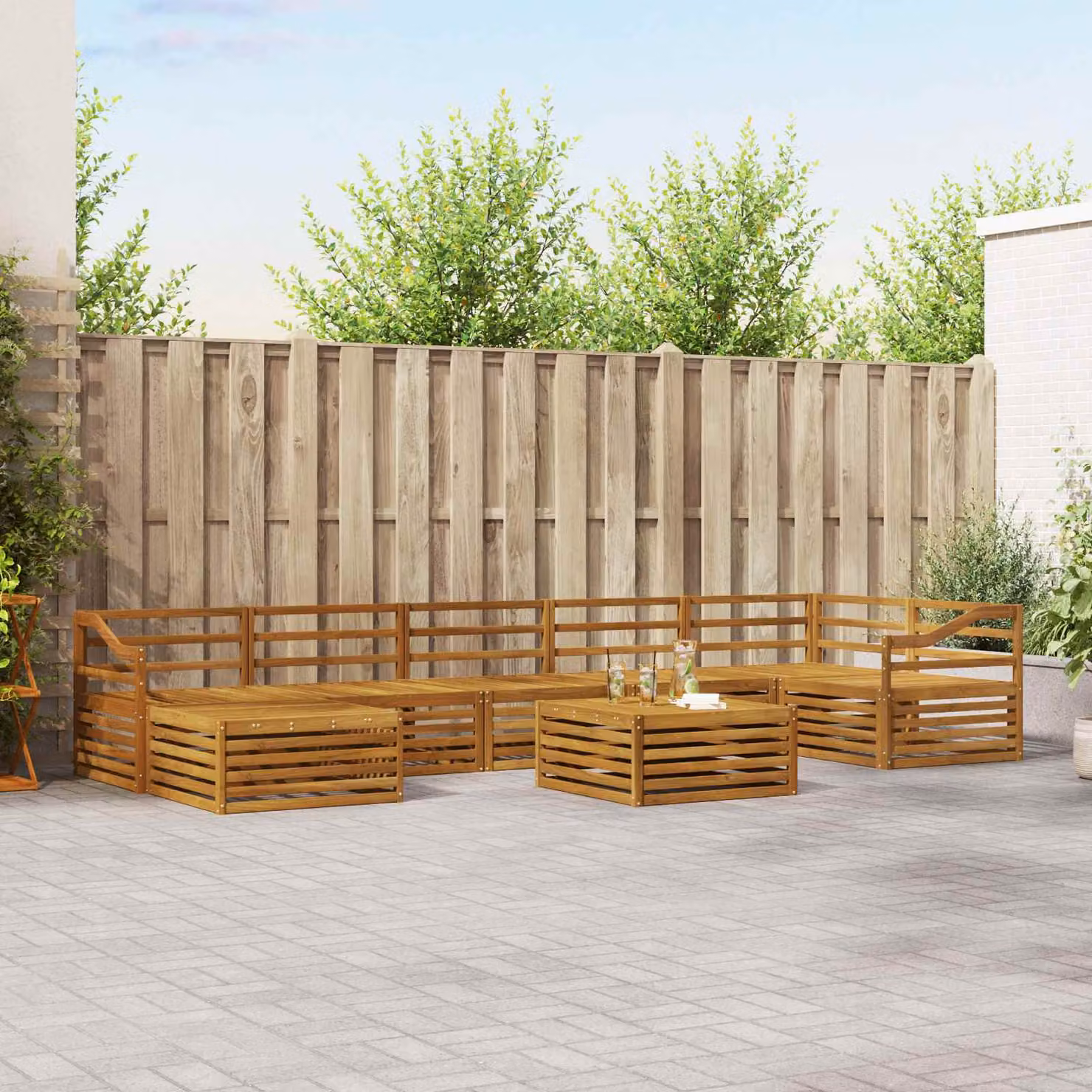Set di divani da esterno vidaXL 8 pz in legno di acacia marrone con cuscini inclusi e tavolino da caffè
