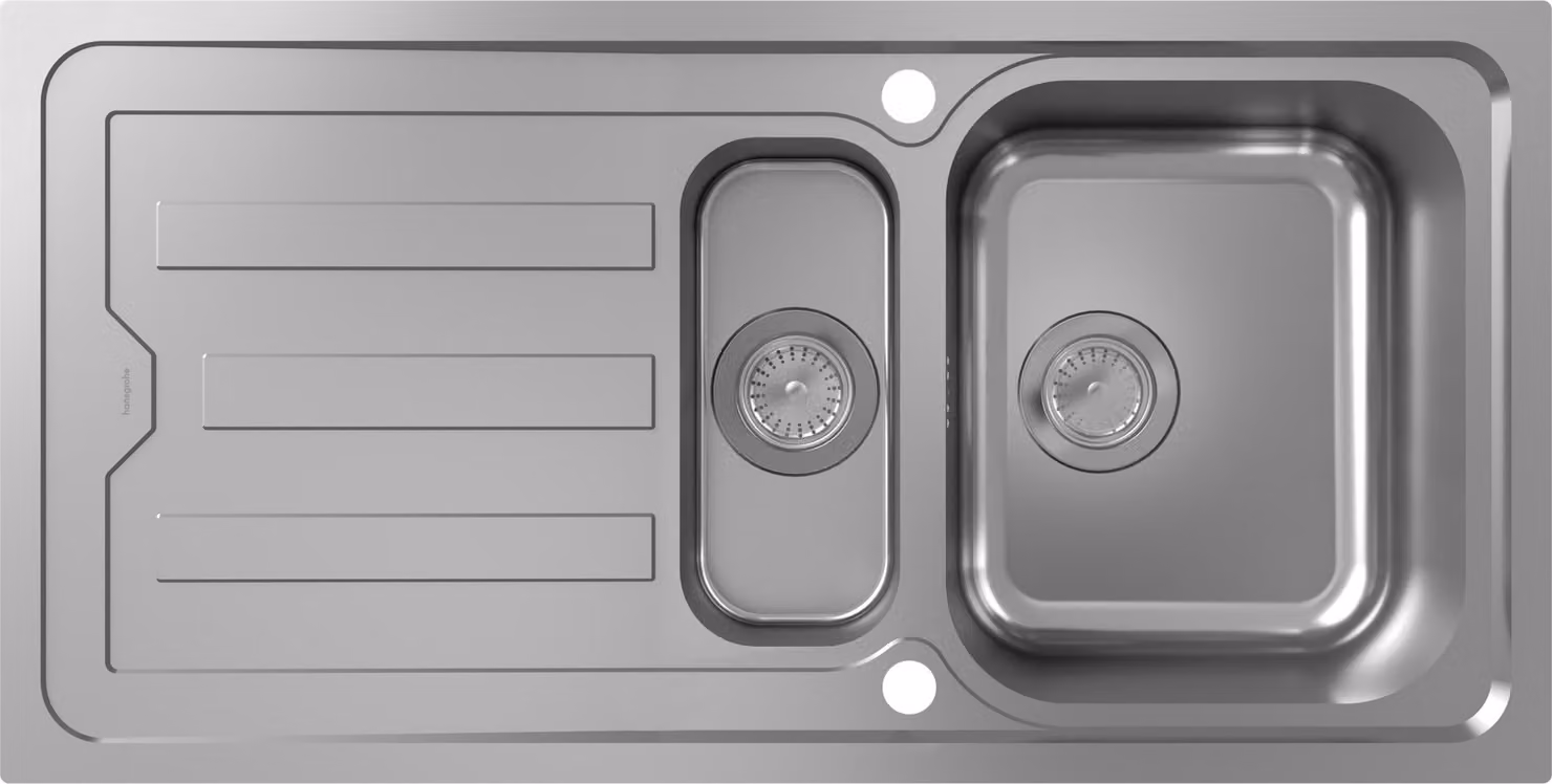hansgrohe S44 Evier à encastrer 342/145, inox, avec égouttoir, 2 bacs, 1010x510mm, encastrement à fleur, 43370800, 43370800
