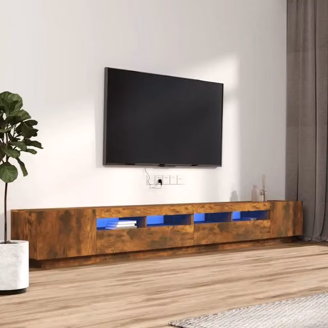 Set Mobili TV Moderno vidaXL in Legno Multistrato Rovere Fumo con Luci LED, 3 Pezzi, Marrone Opaco – 1