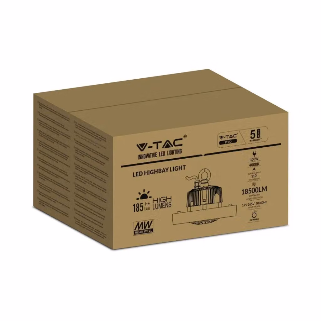 Campana Industriale LED V-TAC da 100W con Driver MeanWell, 185LM/W, 4000K Cool White, IP65 e Dimmerabile – 2