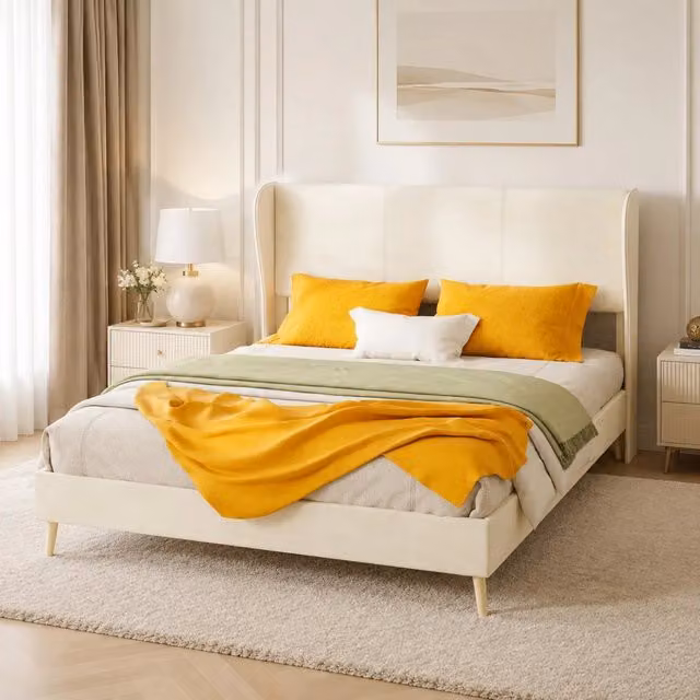 Letto 140 x 200 cm con testiera e schienale rivestiti in tessuto; beige