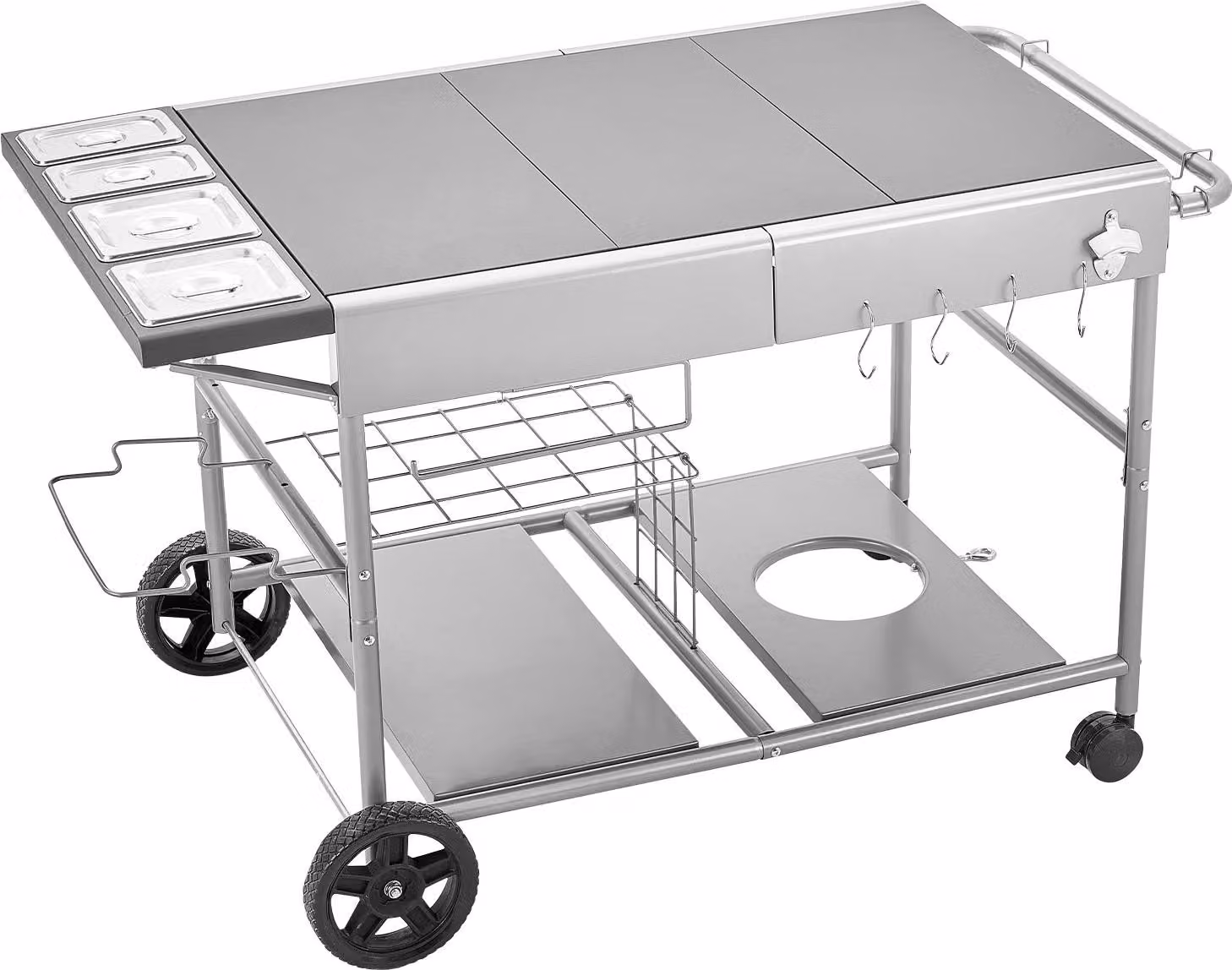 Carrello da barbecue SucceBuy per esterni, con 4 contenitori per spezie, ruote, coperchi e ganci; carrello da servizio e da preparazione per picnic, cucina e giardino