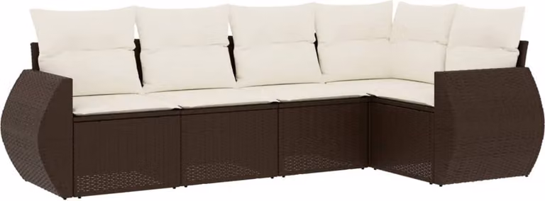 Set Divano da Giardino 5 pz con Cuscini Marrone in Polyrattan