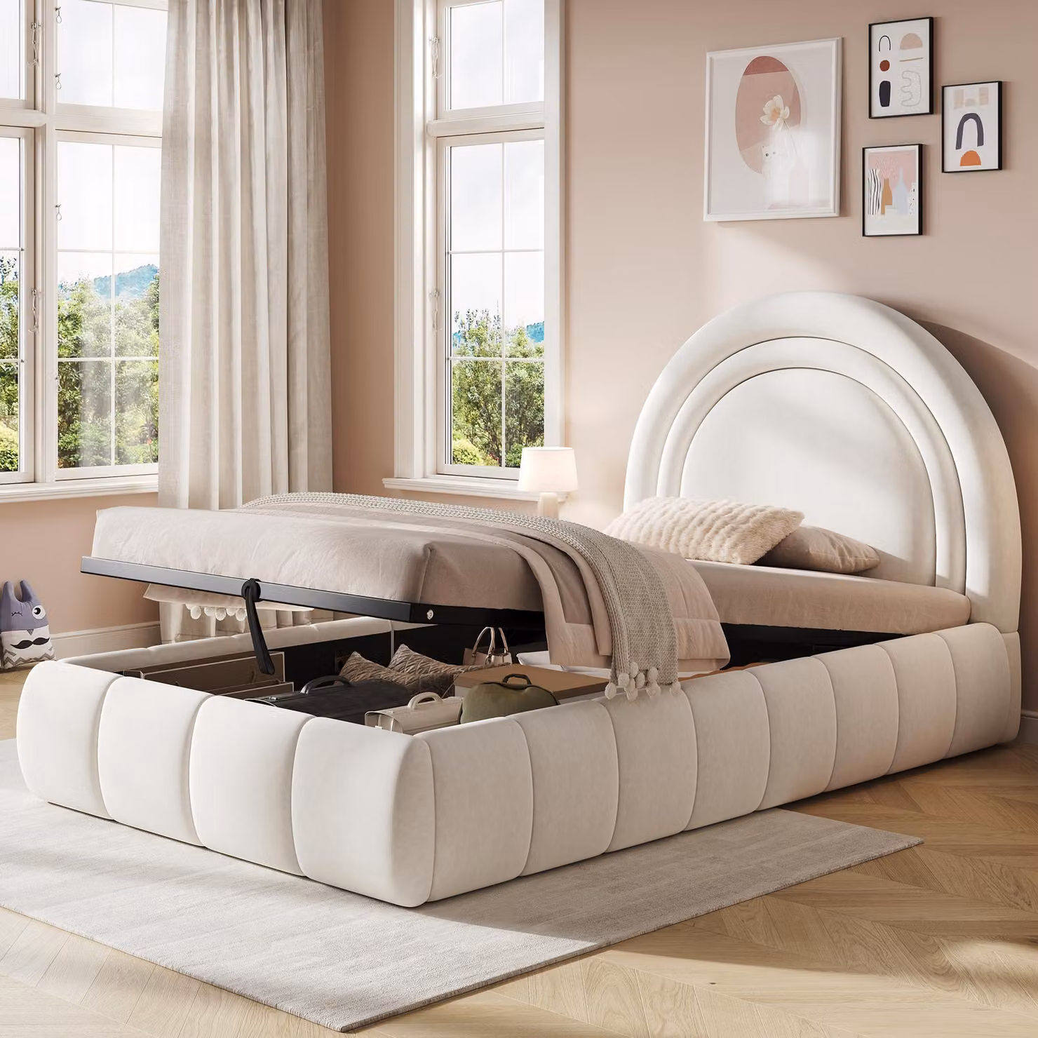 Letto imbottito MODFU, 90 x 200 cm, con materasso; letto per bambini con sistema di sollevamento idraulico; struttura del letto con rete a doghe e testiera; letto con spazio contenitore; tessuto in velluto, colore beige