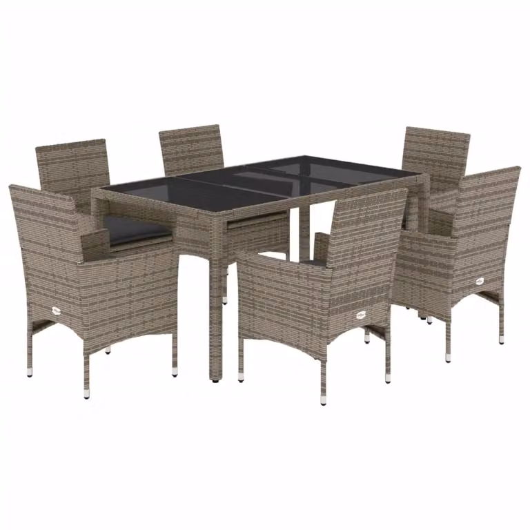 Set da Pranzo da Giardino 7 pz con Cuscini Polyrattan e Vetro