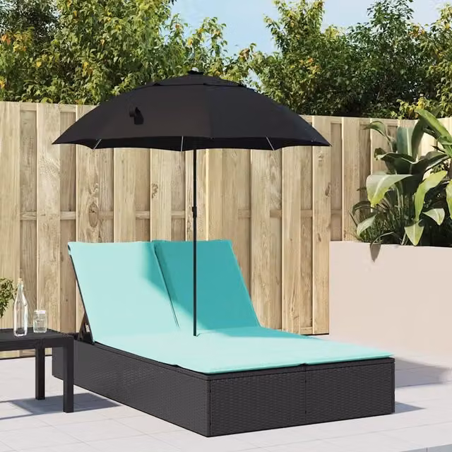 Lettino Prendisole Doppio Cuscini e Parasole Nero in Polyrattan 368089