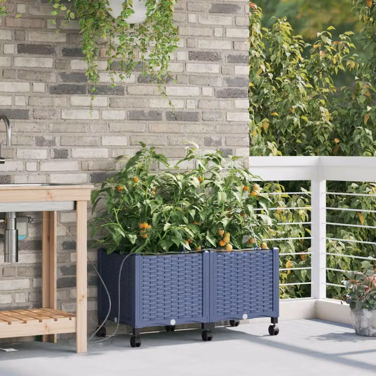 Set di 2 vasi da giardino con irrigazione e ruote vidaXL in plastica, colori grigio e blu
