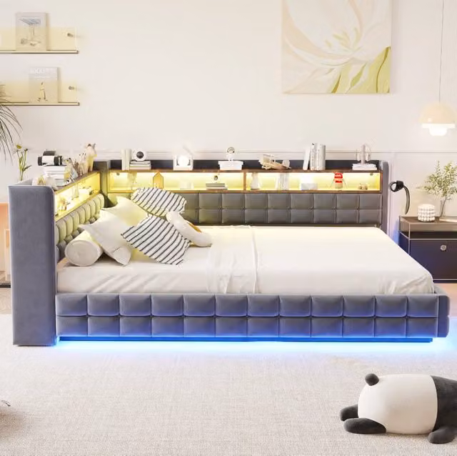 Letto contenitore imbottito multifunzionale 140x200 cm con luci LED, prese USB e porta di ricarica Tipo-C, finitura in velluto grigio scuro