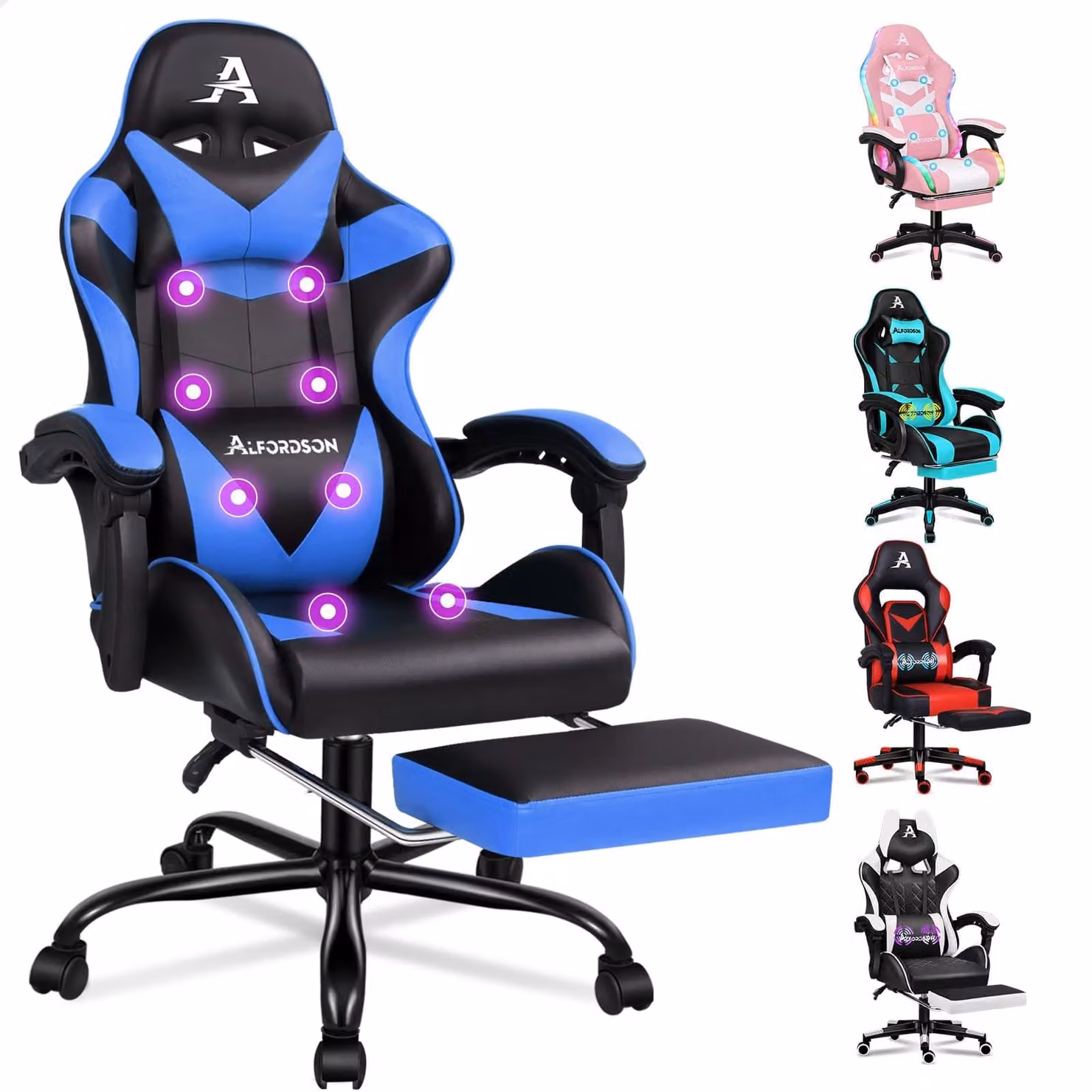 Sedia da gaming - Sedia da ufficio - blu - Massaggio 8 punti - Fino a 180 kg - Poggiapiedi retrattile