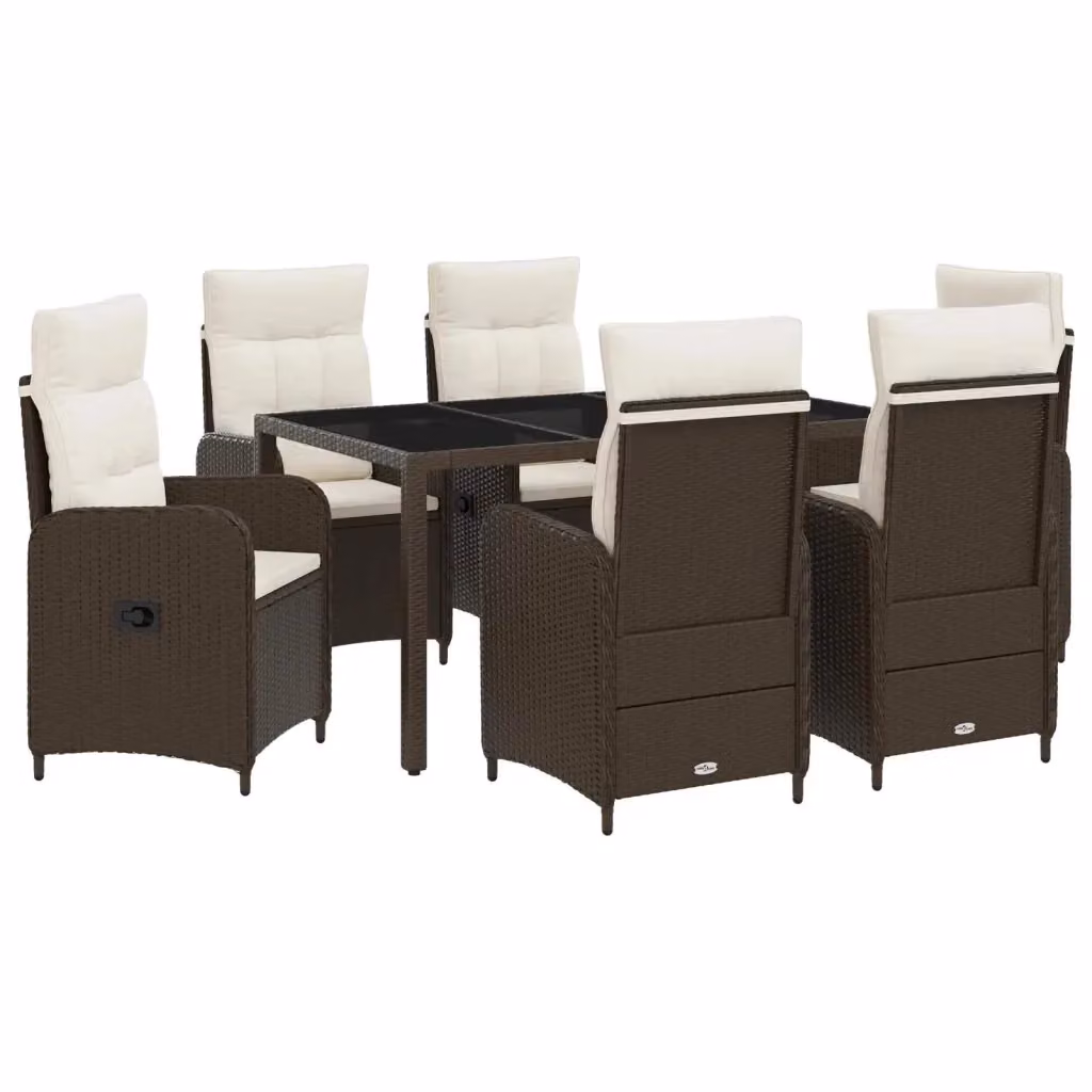 Set da pranzo per esterni moderno vidaXL in rattan marrone e bianco con tavolo rettangolare in vetro, 7 pezzi – 2