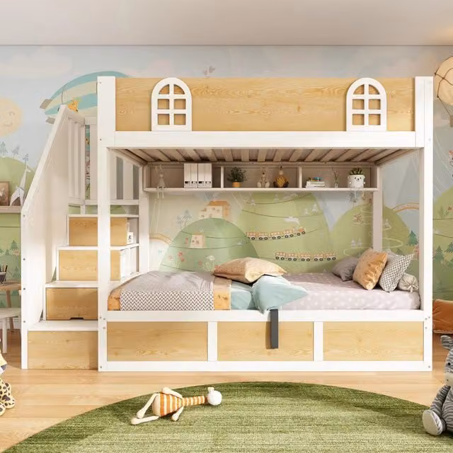 Letto a castello due posti 90 × 200 cm con scala contenitore e vano sollevabile in legno e metallo bianco naturale