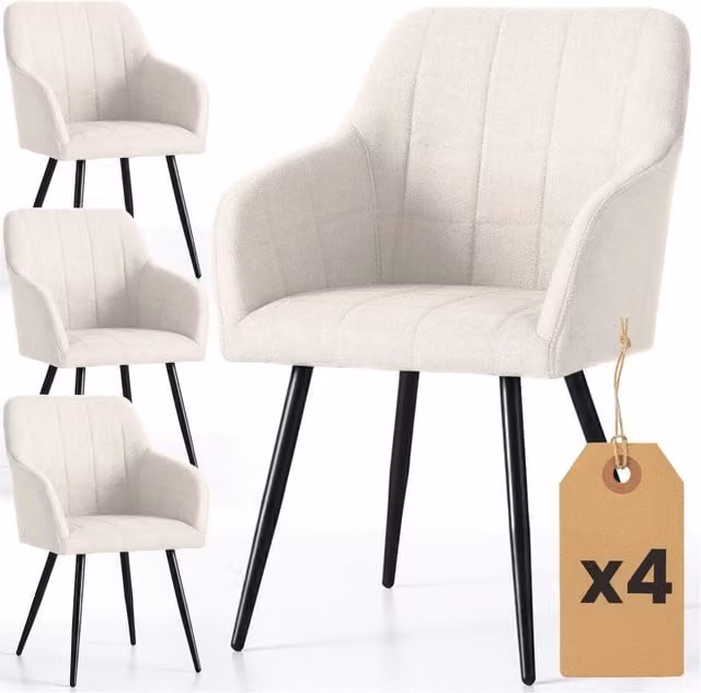 Set di 4 Sedie imbottite con cuciture quadrate LUXANO Crema gambe nere tessuto Lumos