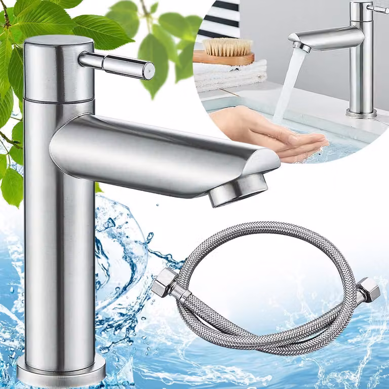 Miscelatore monocomando per lavabo, solo acqua fredda, in acciaio inossidabile, colore argento, con tubo da 60 cm
