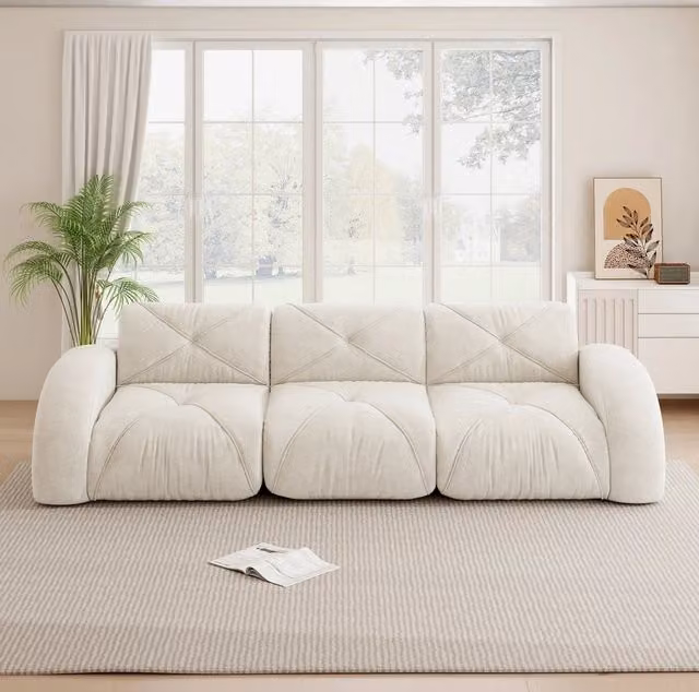Divano modulare senza braccioli in chenille; 3 posti; beige chiaro