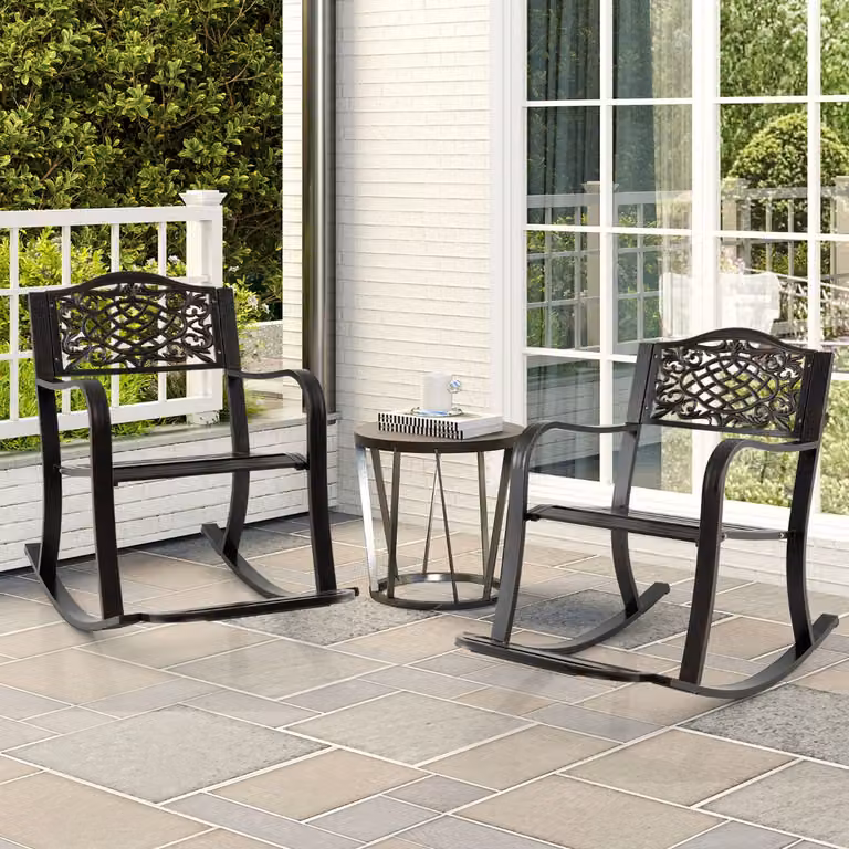 Sedia a dondolo da giardino Costway in alluminio pressofuso marrone con poggiapiedi, schienale e braccioli