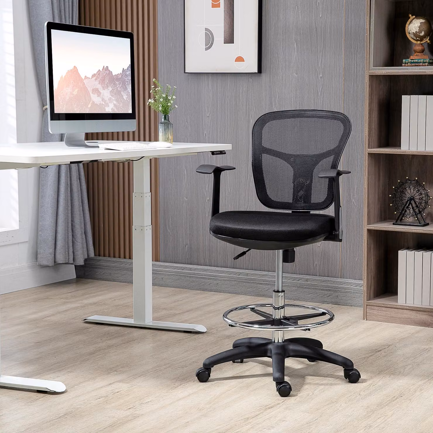 okwish Sedia girevole da ufficio, sedia da ufficio, Letto imbottito con rete e imbottitura in schiuma, sedia per computer regolabile in altezza con rotelle a 360°, beige