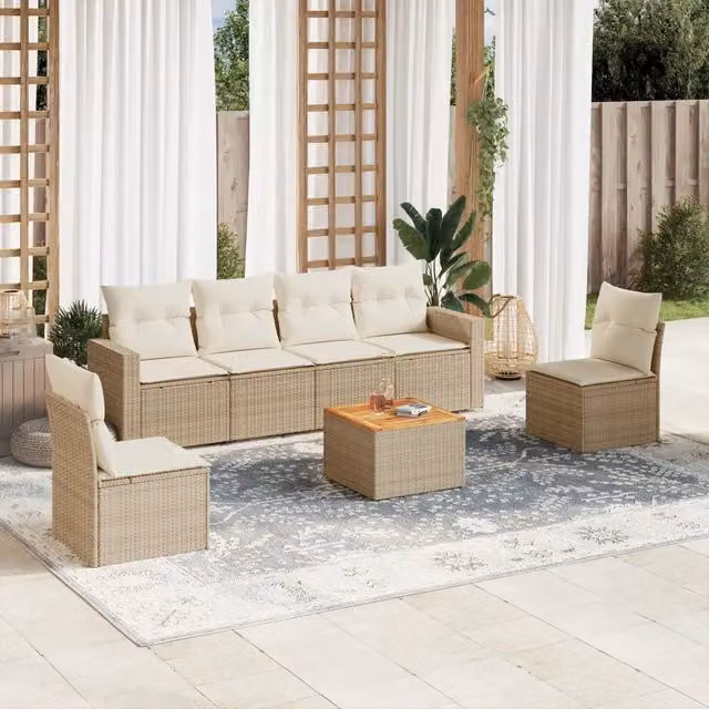 Set Divani da Giardino 7 pz con Cuscini Beige in Polyrattan 3224070
