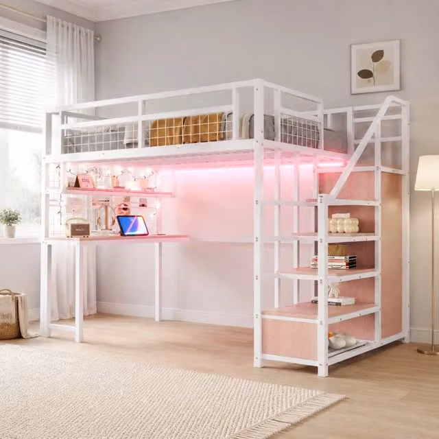 Letto a soppalco MIVRAY bianco con scrivania, scaffale, scala contenitore, armadio, luci LED e prese USB, L/P: 140 x 200 cm