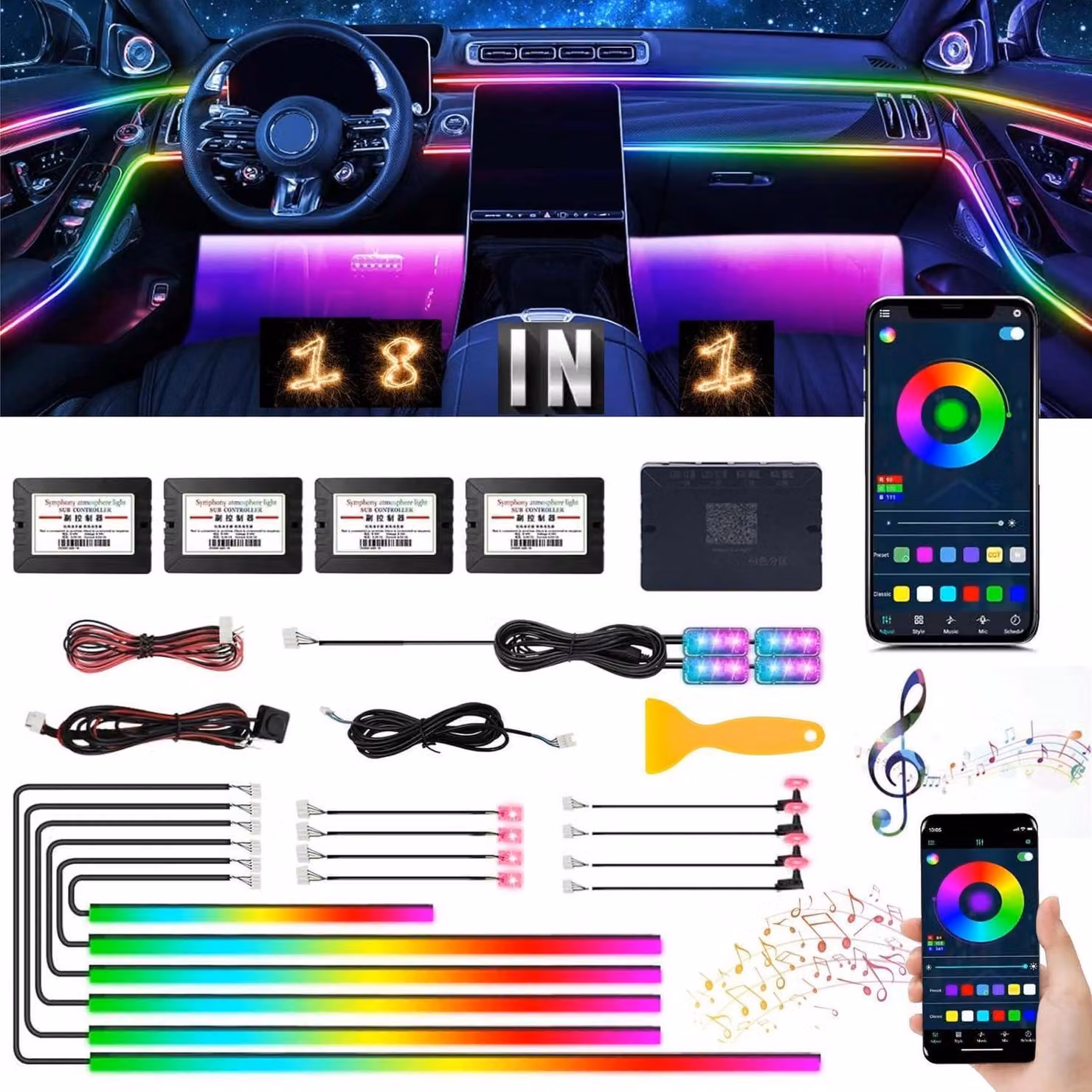 Illuminazione interna per auto a LED, 6 metri, luce ambientale RGB, controllo tramite app e telecomando, 18 funzioni