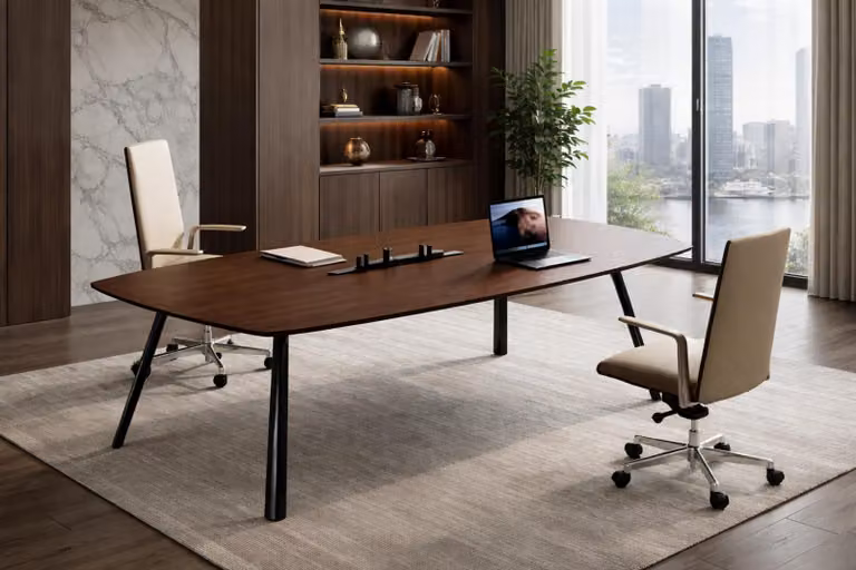 Elegante scrivania marrone, arredamento da ufficio di design, tavolo in legno