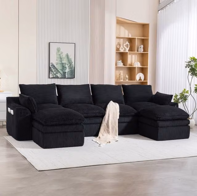 Divano modulare MODFU a 4 posti in tessuto a coste nero con cuscini, configurazione a L con lato sinistro, L/P/H: 335 x 167 x 85 cm