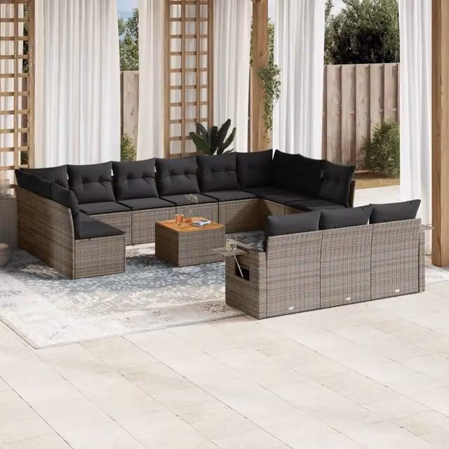 Set di divani da giardino VIDAXL a forma di U in polyrattan grigio con 14 pezzi e cuscini inclusi – 1