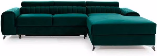 Divano ad angolo destro JAYSON MEUBLORAMA in velluto verde, convertibile con funzione letto e poggiatesta regolabile, L 278 cm x P 205 cm x H 92 cm – 1