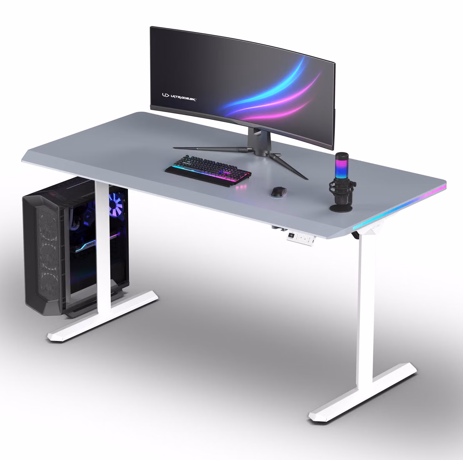ULTRADESK Scrivania gaming elettrica QUEST, bianco-grigia, 140 × 70 cm