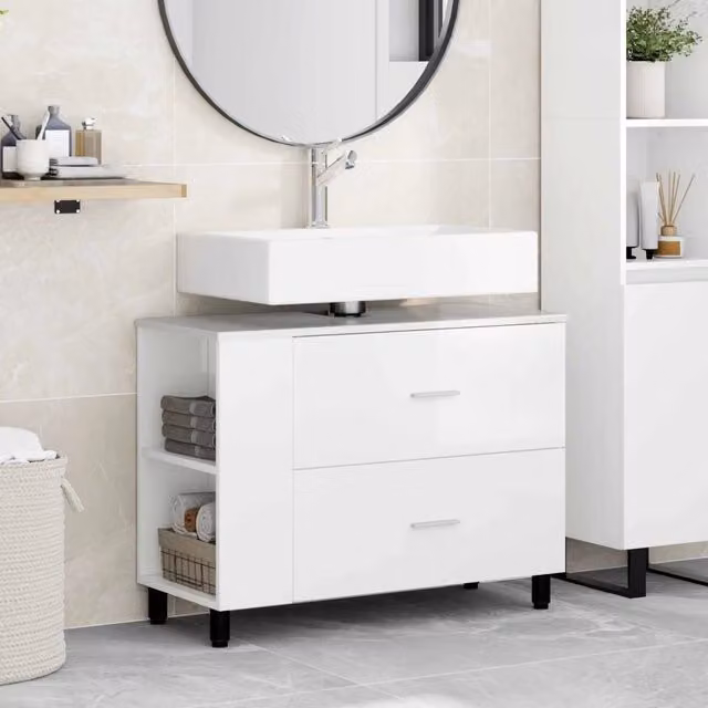 Mobiletto da bagno moderno vidaXL bianco lucido con ripiani interni e cassetti L/P/H: 80 x 35 x 60 cm