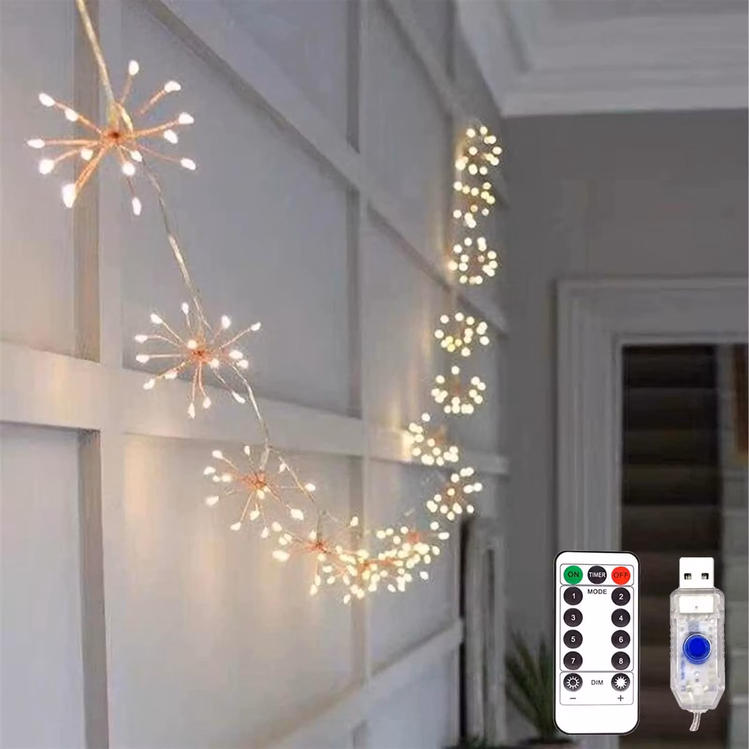 Catena luminosa a LED con effetto fuochi d'artificio, alimentazione USB, 50 LED, 5 funzioni in 1, 8 modalità