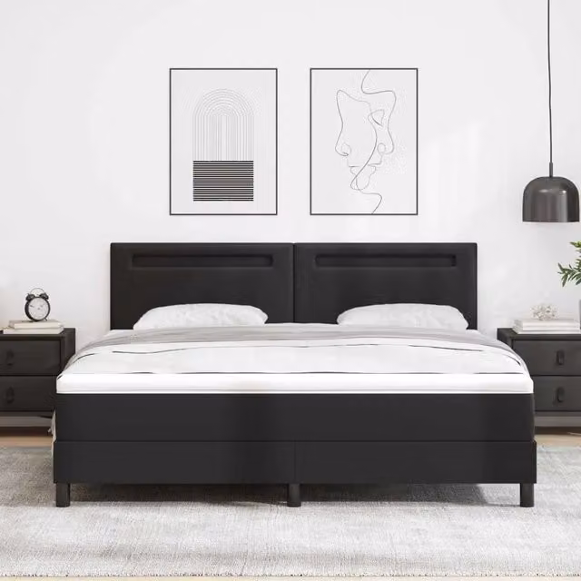 Letto a molle moderno vidaXL in pelle sintetica nera con illuminazione LED sottostante e porta di ricarica USB, L/P: 180 x 200 cm
