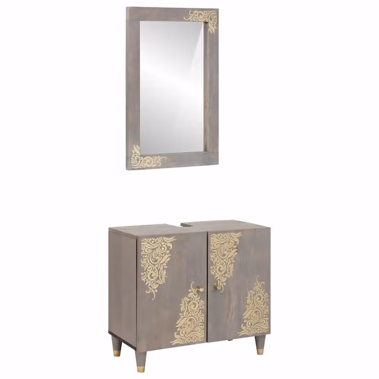 vidaXL Set di mobili da bagno in legno di mango massello stile rustico, composto da mobile lavabo e armadietto con specchio, colore grigio e oro, L: 62 cm, P: 33 cm, H: 58 cm