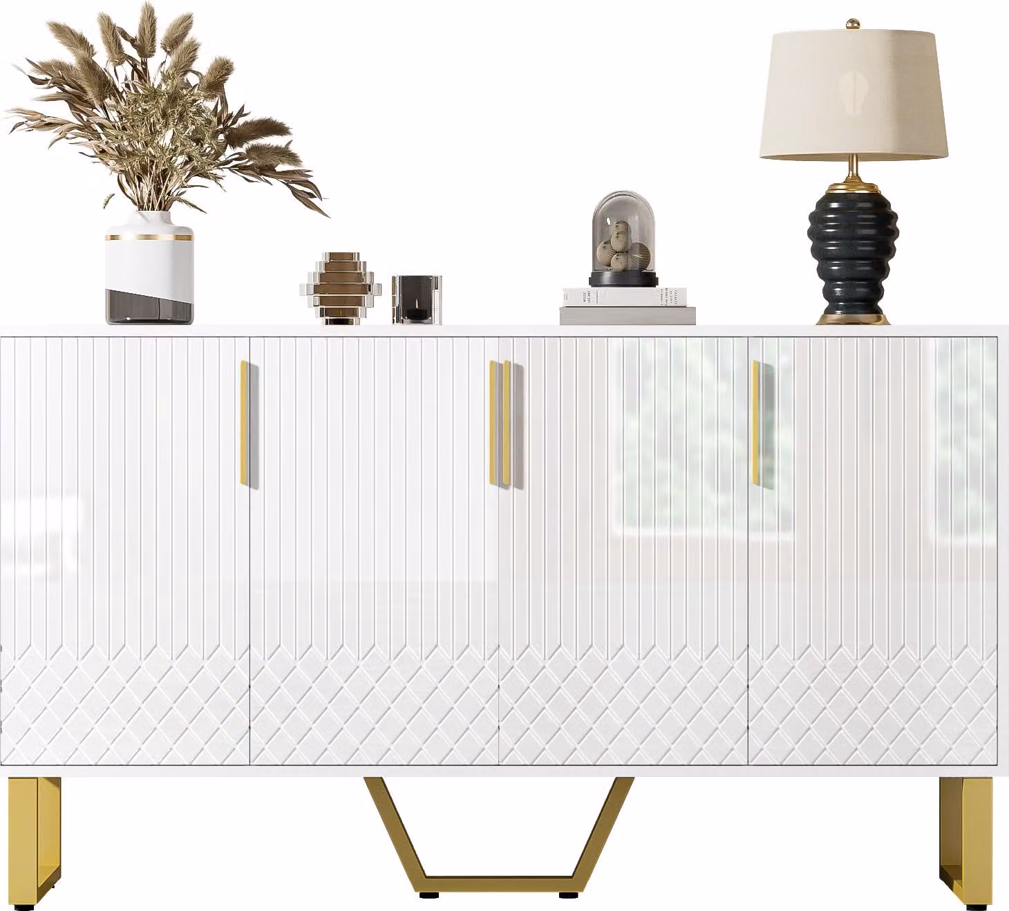 Credenza Fortuna Lai lucida, 4 ante, maniglie e gambe in metallo, design geometrico in bianco, 140L*40B*80H