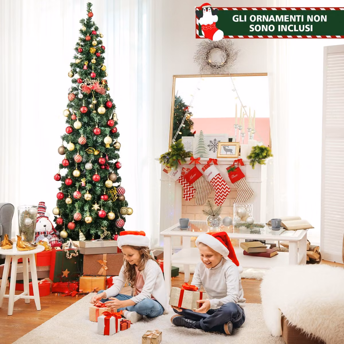 Albero di Natale Mezzo Costway Verde con 150 Luci LED Bianco Caldo e Supporto in Metallo Argentato