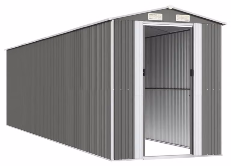 Capanno per attrezzi, tipo casetta da giardino, in acciaio zincato, colore grigio chiaro, dimensioni 192x77x223 cm