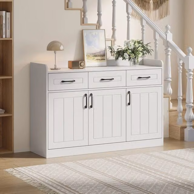 Credenza moderna MODFU bianca e nera con design a righe in MDF L/P/H: 120 x 35 x 80 cm