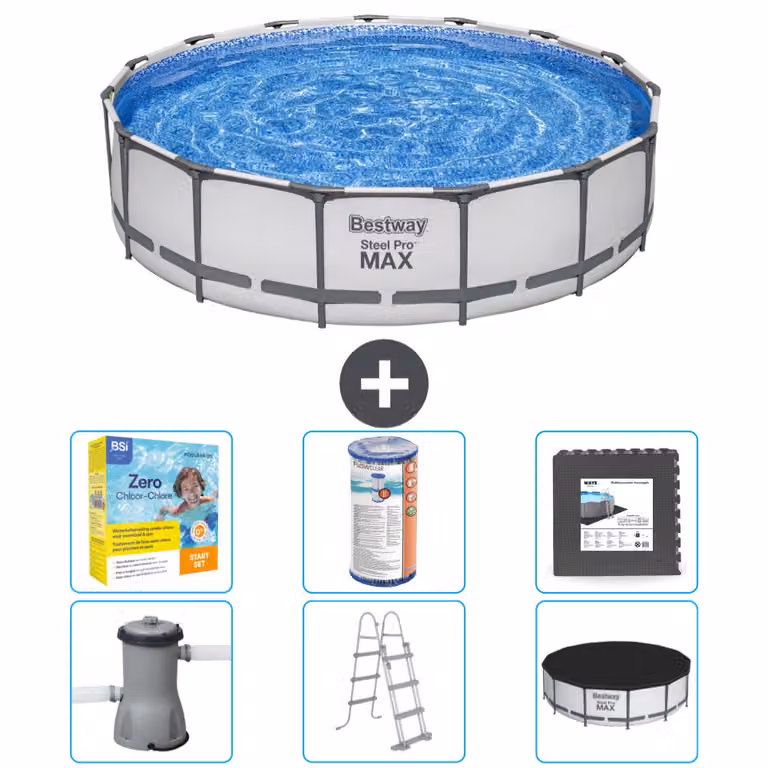 Piscina Bestway Round Steel Pro MAX - 457 x 107 cm - grigio - inclusa pompa - scala - pacchetto manutenzione copertura - filtro - piastrelle per il pavimento