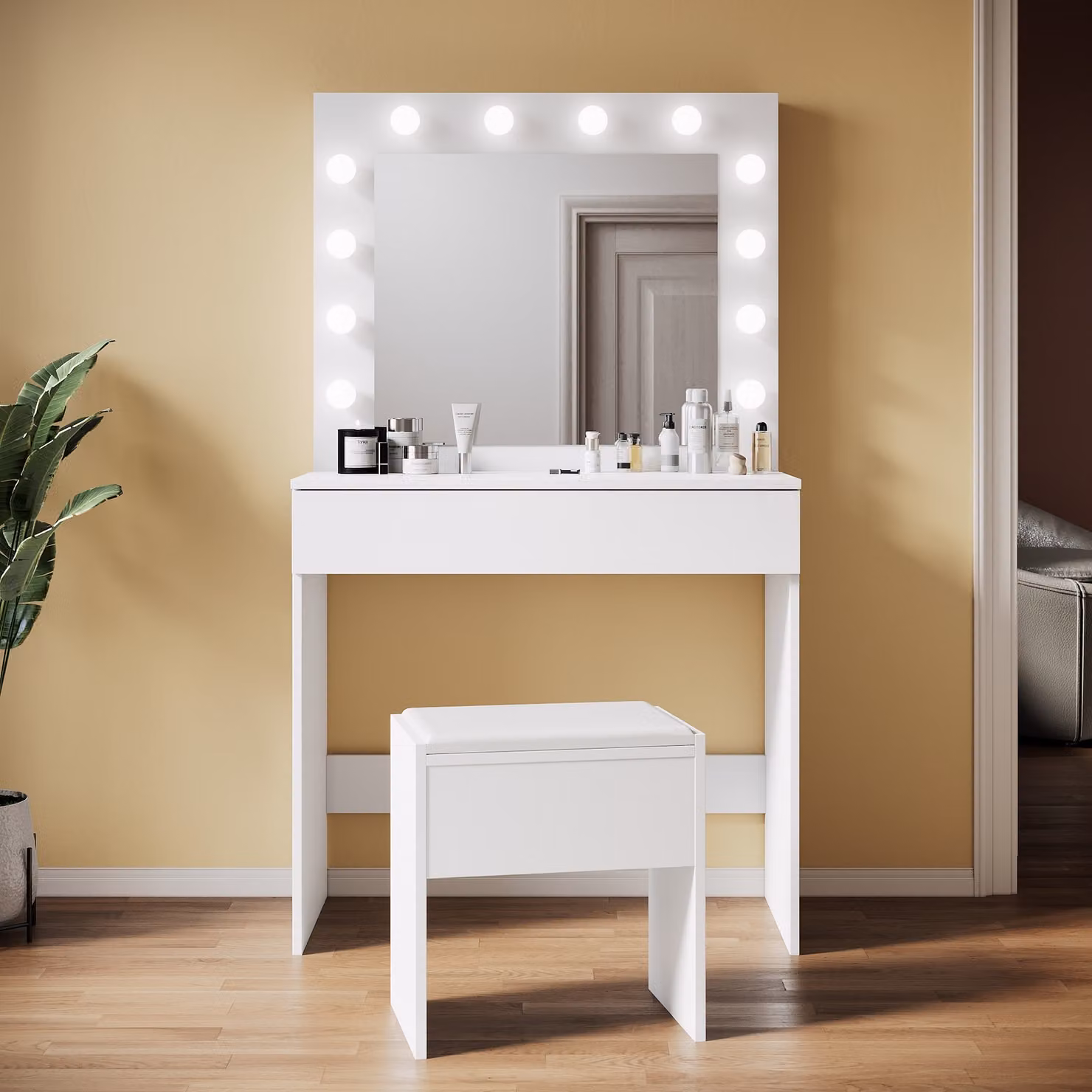 SONNI cassettiera bianca 80x40x140cm Cassettiera a luce LED con luminosità regolabile con specchio e cassetto