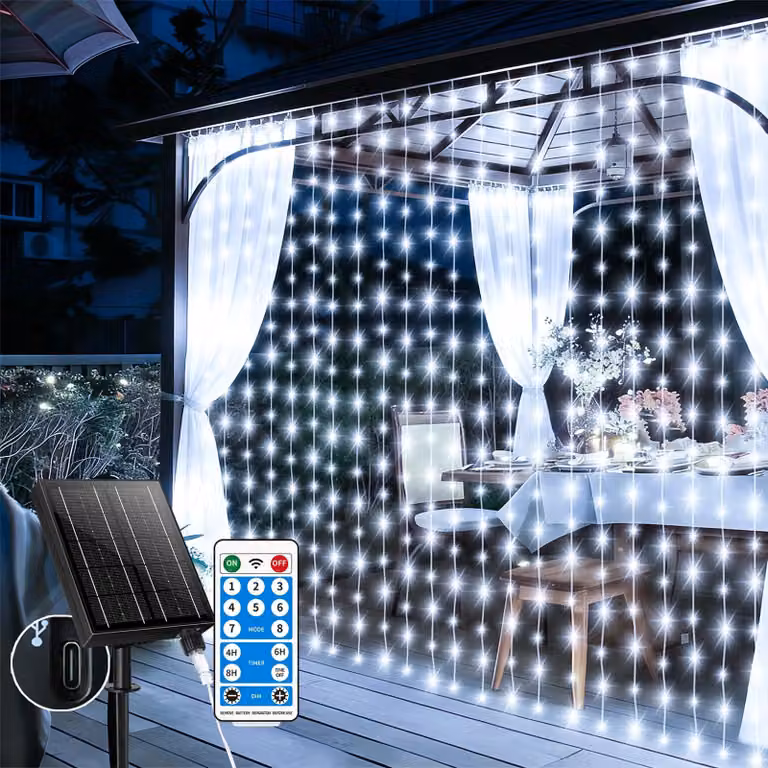 Tenda luminosa solare, 6x3 metri, 600 LED, 8 modalità, telecomando, timer