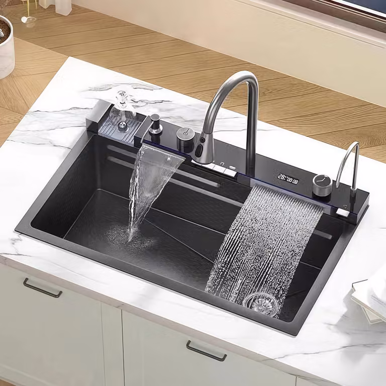 Lavello da cucina - Lavello - Vasca - Lavabo - Lavello da incasso - 68x45 cm - Acciaio inossidabile nero (modello 201)