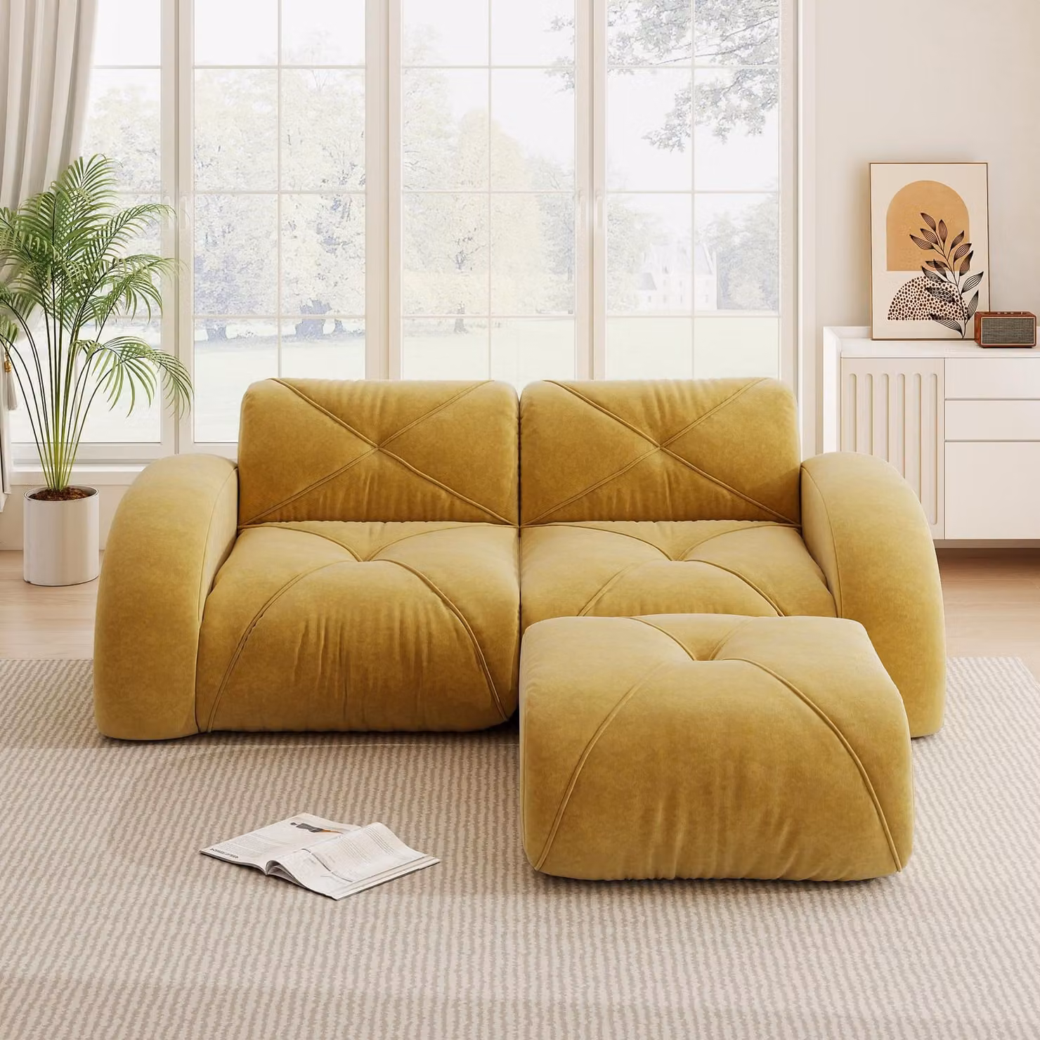 Divano modulare a due posti con poggiapiedi, divano giallo per soggiorno realizzato in tessuto di chenille resistente agli animali domestici, design senza struttura, dimensioni 204x171x76 cm