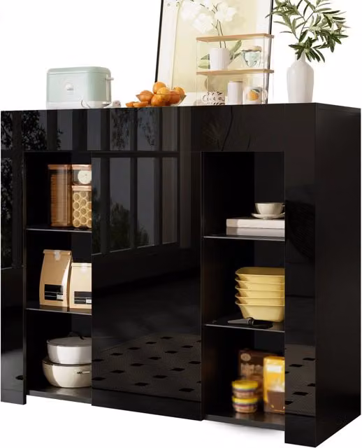 Credenza moderna nera con frontale lucido ¨C Soluzione compatta ed elegante con ripiani in vetro e anta per soggiorno, sala da pranzo o cucina ¨C