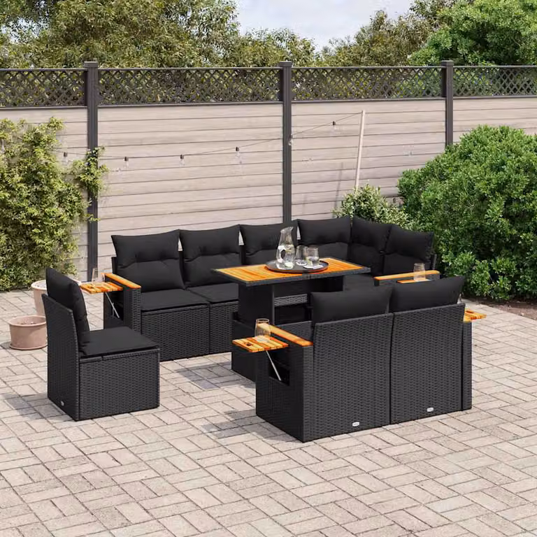 Set di divani da giardino vidaXL 9 pezzi in polyrattan nero con cuscini e tavolino da esterno a forma di U