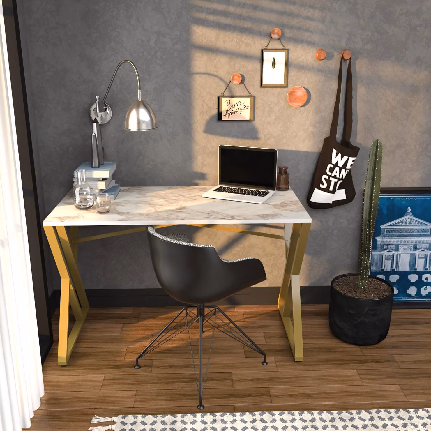 Skye Decor, Gyza - Bianco, Oro, Scrivania, Bianco, 100% PANNELLI DI AGGREGATO MELAMMINICO, 120 x 60 x 75 cm