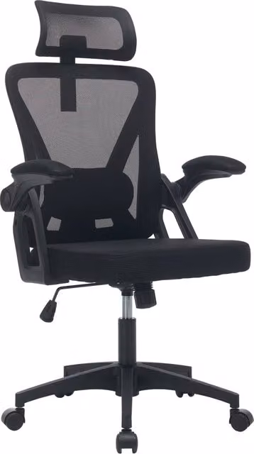 Sedia da ufficio ergonomica moderna in tessuto nero con poggiatesta e braccioli – 1