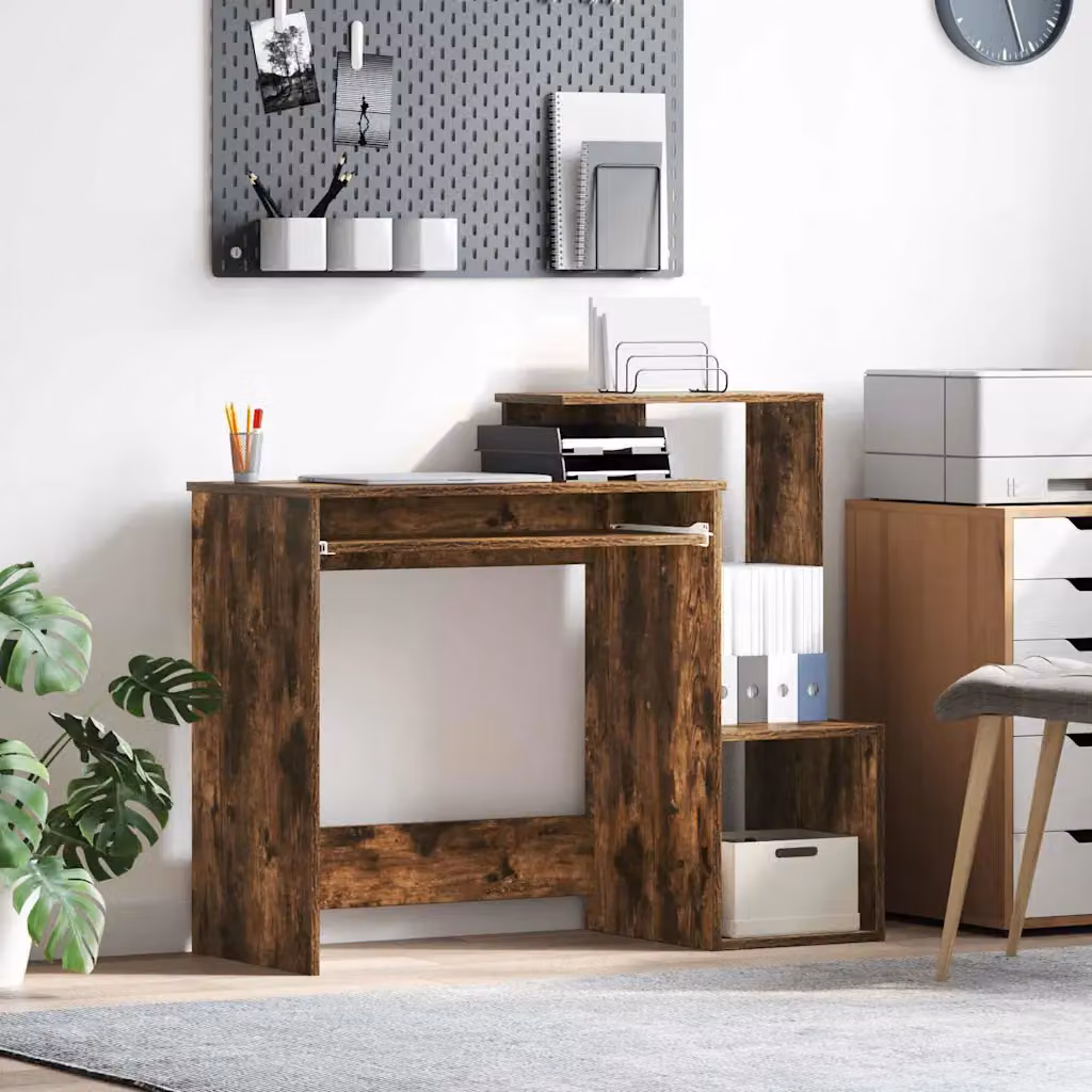 Scrivania moderna vidaXL in legno ingegnerizzato color rovere fumé, L: 106 cm, P: 41 cm, H: 88.5 cm