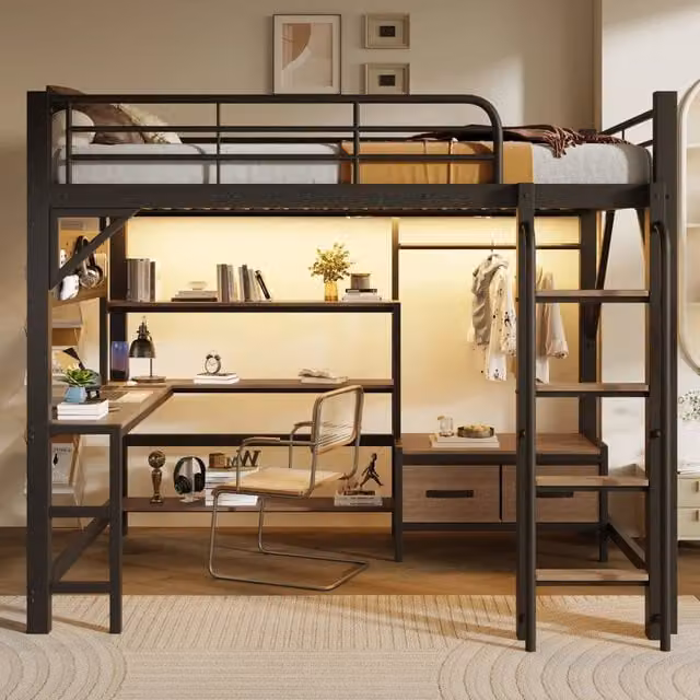 Letto a soppalco 140 x 200 cm con scrivania in metallo e MDF; nero