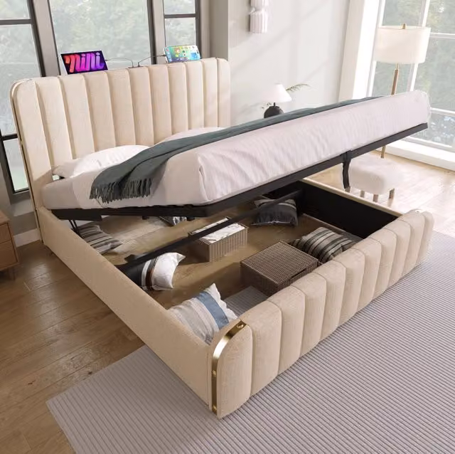Letto 140x190 cm beige in lino con contenitore idraulico e USB Type-C