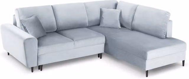 Divano convertibile angolare destro con contenitore Kyoto di Cosmopolitan Design, 5 posti in velluto azzurro, L: 243 cm, P: 194 cm, H: 88 cm