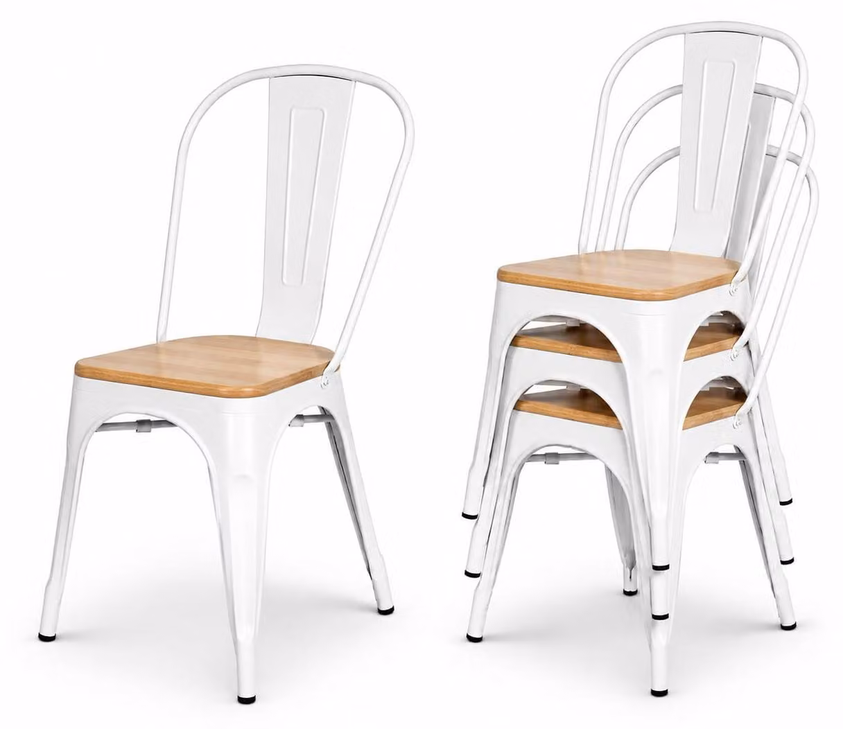 Set di 4 sedie in metallo bianco con seduta in legno, stile industriale